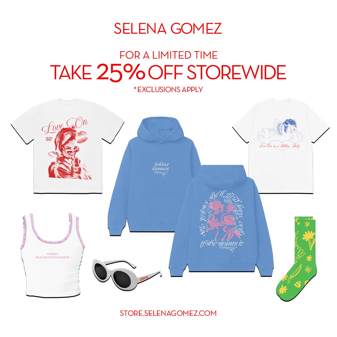 We got you covered like garments with a 25% off merch sale!! Discount applied in cart 🤍 SelenaGomez.lnk.to/store