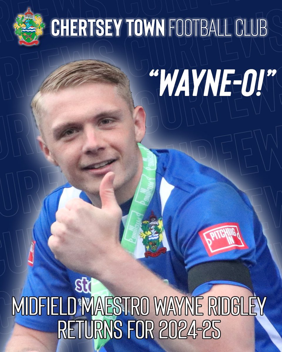 Chertsey Town can confirm that midfield maestro @ridgley_wayne has agreed terms and will be back with the Curfews next season. Great to have you back onboard Wayne-o and we look forward to seeing you perform at the next level.