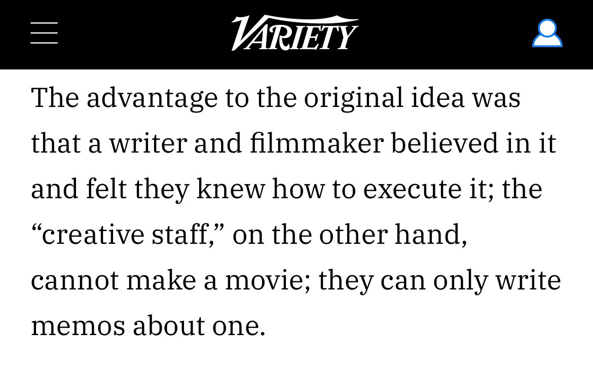 In 1996, exec notes had gotten so out of hand, Variety’s Peter Bart called for a one year moratorium on the notes process to find out if they *actually* make movies better. Since, arguably, notes have become MORE intrusive, this experiment would be, sadly, just as relevant now.