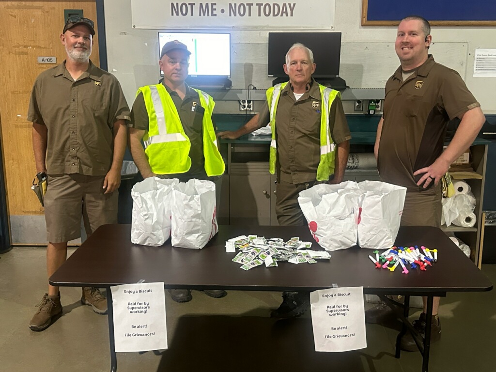 'Enjoy a Biscuit -- Paid for by Supervisors Working!' Ryan Charlton, TDU member and UPS shop steward in Tennessee's Local 480 bought breakfast for his fellow members using a supervisors working check. Solidarity pays off!