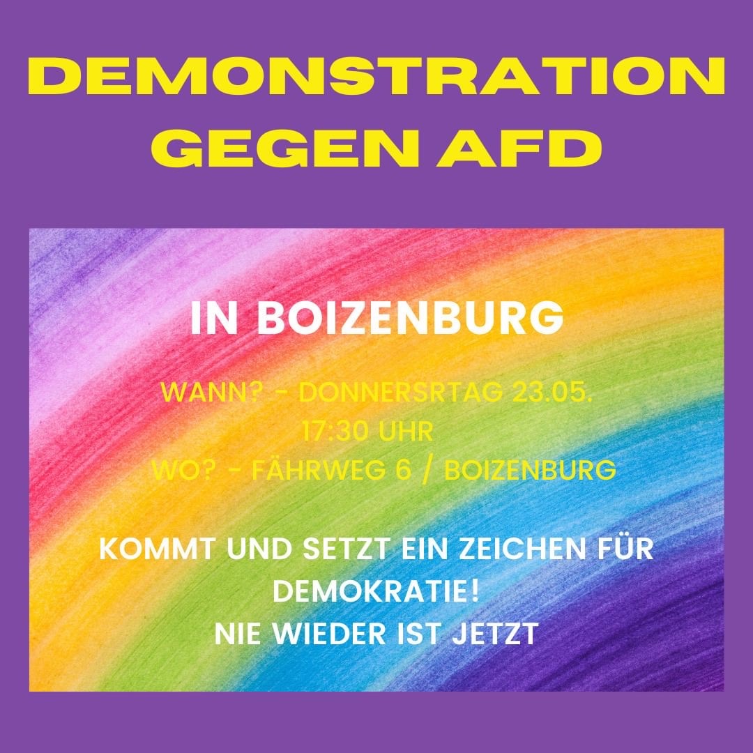 #SaveTheDate #Boizenburg 23.05.24 um 17:30 Uhr 

Gegenprotest gegen die #AfD

Ort: Fährweg 6, Boizenburg 

#WirSindDieBrandmauer #NieWiederIstJetzt #LautGegenRechts #SeiEinMensch #NoAfD