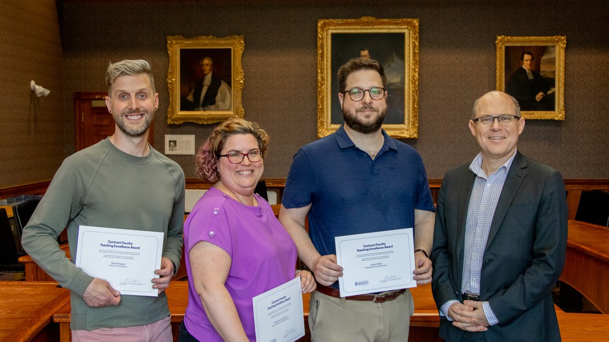 Six contract faculty members from each division/school were honoured last week for outstanding teaching and dedication to #UBishops students' education 🎉 Pictured: David Hopps, Geneviève Levasseur, and Julien Collin with Vice-Principal Academics and Research Dr. Andrew Webster.