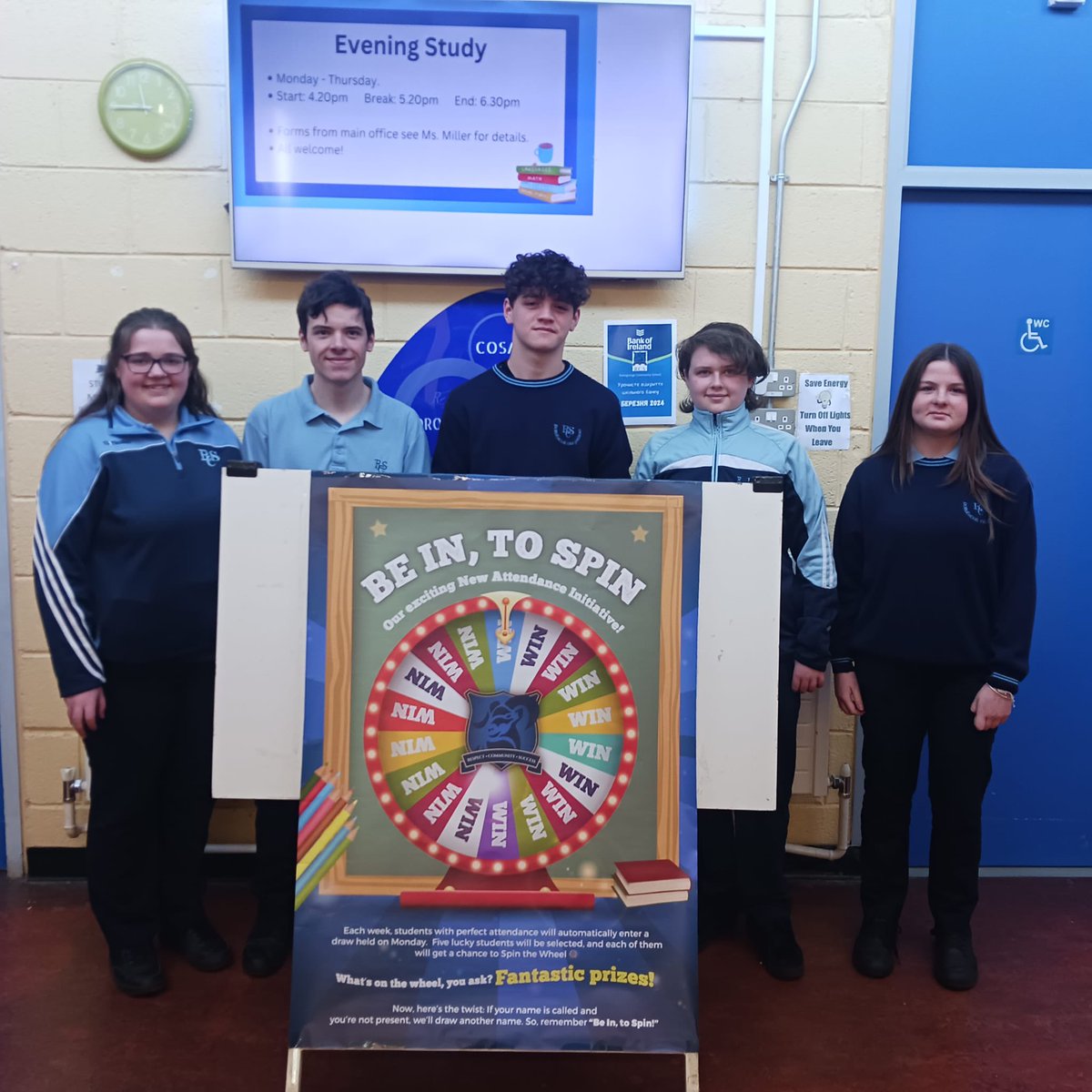 We're now into our 5th Week of our Attendance Initiative 'Be in, to Spin'😊Remember to be in with a chance to spin the wheel you need perfect Attendance each week. Well done to Leah, Colin, Cathal & Adrian Week 3 Winners and Emily, Thomas, Cianan, Conor & Ryleigh Week 4 Winners!
