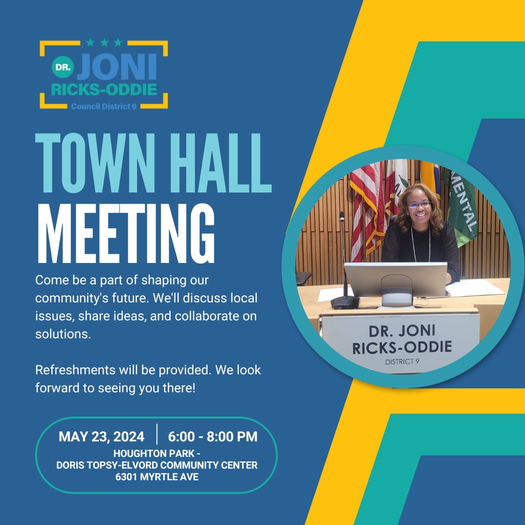Join me TOMORROW, May 23rd, for a Town Hall from 6:00 - 8:00 pm at Houghton Park - 6301 Myrtle Ave. Come be a part of shaping our community's future as we discuss local issues, share ideas, and collaborate on solutions. I look forward to seeing you there!