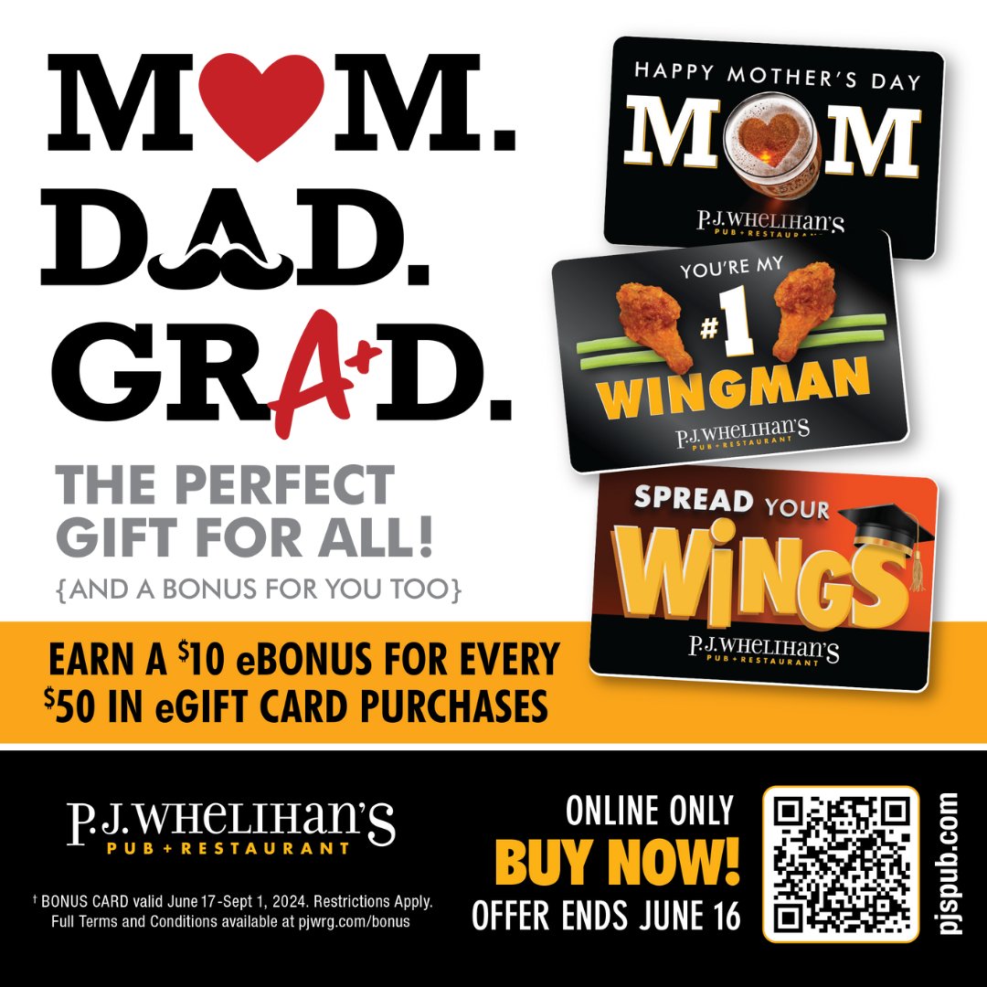 The perfect gift for all plus a bonus for you!  PJ Whelihan's gift cards! #grads #dads #fathersday #trenopizzabar #pjspourhouse #pjs_pub #centraltandt #haddontwp #dinehaddon