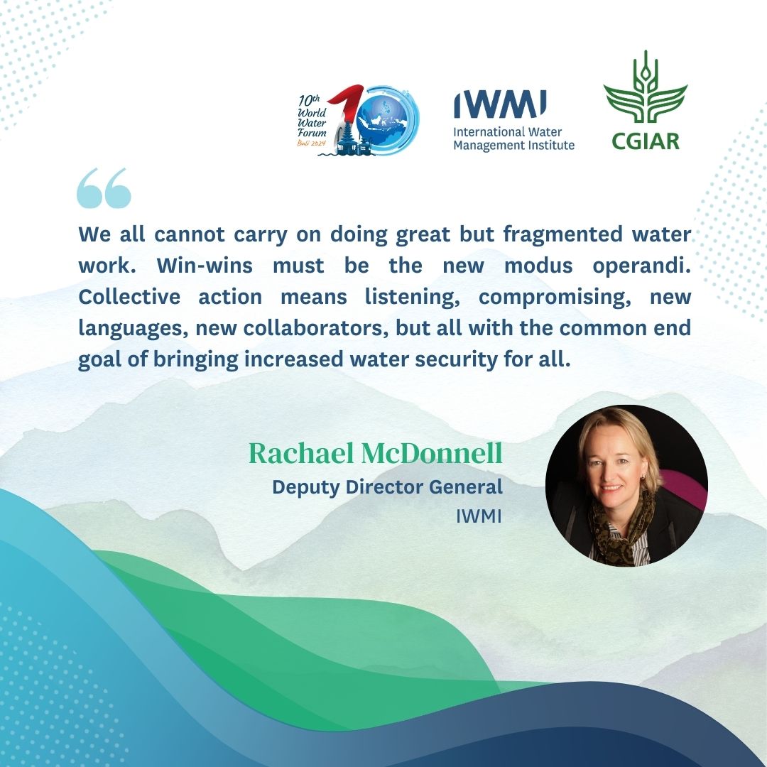 IWMI (@iwmi_) on Twitter photo At the #10thWorldWaterForum tomorrow, hear from IWMI DDG <a href="/RAMcDonnell/">Rachael McDonnell</a>, as she shares her expertise on "Climate Water-Energy-Food-Ecosystem Nexus."
🗓️ Thursday 22 May
⏰ 13:00 – 14:30 (GMT +8)
For more info on IWMI sessions at the forum ▶️ on.cgiar.org/44TsEZJ
#OneCGIAR At the #10thWorldWaterForum tomorrow, hear from IWMI DDG <a href="/RAMcDonnell/">Rachael McDonnell</a>, as she shares her expertise on "Climate Water-Energy-Food-Ecosystem Nexus."
🗓️ Thursday 22 May
⏰ 13:00 – 14:30 (GMT +8)
For more info on IWMI sessions at the forum ▶️ on.cgiar.org/44TsEZJ
#OneCGIAR