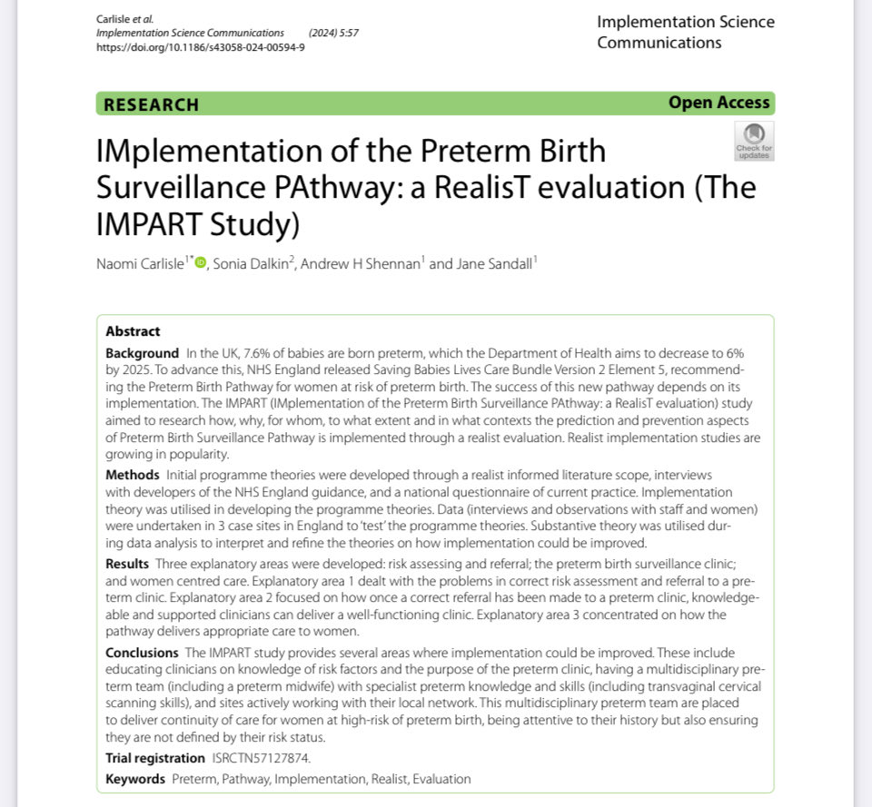 Preterm pathway implementation requires improvement, including educating clinicians on knowledge of risk factors and the purpose of the preterm clinic. Great research led by my midwifery colleagues. doi.org/10.1186/s43058… ⁦@naomihcarlisle⁩ ⁦@SandallJane⁩