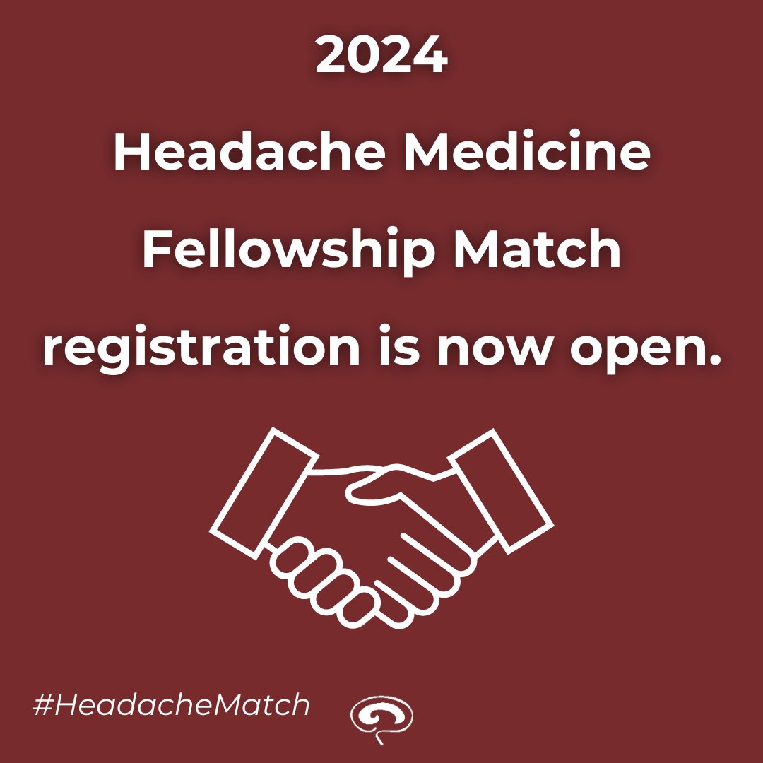 Registration for the 2024 Headache Medicine Fellowship Match is now open! Interested applicants can learn how to register and connect with Program Directors here: bit.ly/3Vh4pQ2 Match Day is on August 7, 2024. #Match2024 #HeadacheMatch #FellowMatch