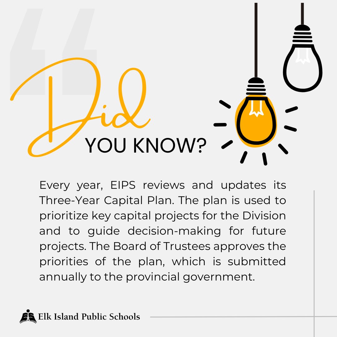 Every year, #EIPS reviews and updates its Three-Year Capital Plan. The plan is used to prioritize key capital projects and to guide decision-making for future projects. The Board of Trustees approves the priorities of the plan, which is submitted annually to the provincial gov't.