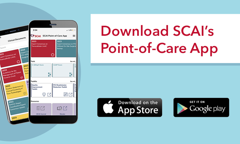 You can access the latest clinical guidelines and best practices in #InterventionalCardiology directly from your phone or tablet with SCAI's free point-of-care app. Get the app ➡️ scai.org/clinical-pract…