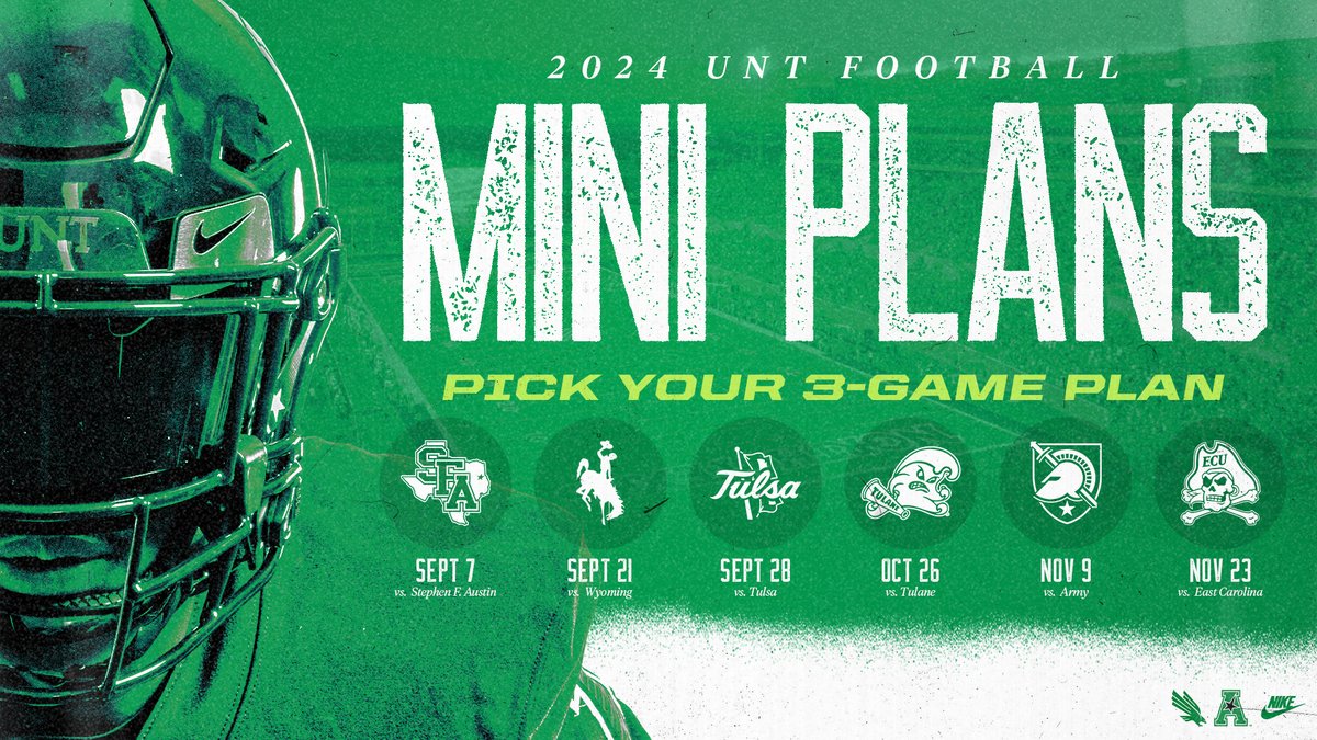 🚨 3-Game Mini Plans Are On Sale 🚨 Select ANY three home games to come cheer on the Mean Green! 🏈🏟️ 🔗 northtex.as/MiniPlans24 #GMG 🟢🦅