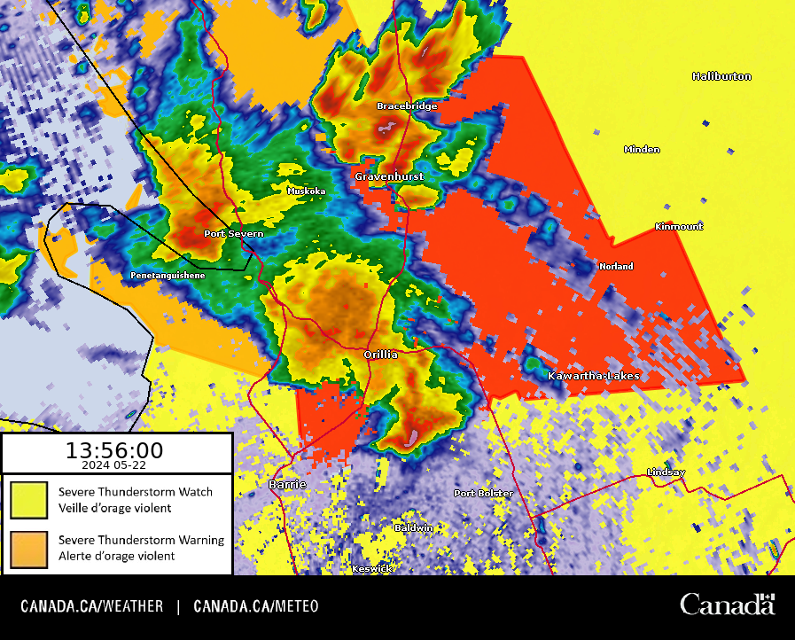 ⚠️A tornado warning is now in effect acros Orillia, Northern Kawartha Lakes and Bracebridge areas.⚠️ Hazards are: 120 km/h wind gusts and nickel sized hail. Latest alerts👉 ow.ly/8Wgf50RRCaf #ONwx #ONstorm