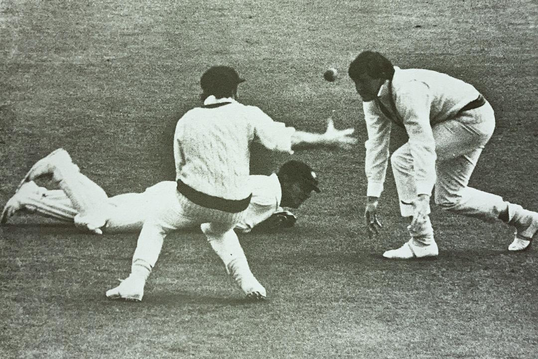 This is a moment from the 1972 Ashes and Rod Marsh, Chappelli and Keith Stackpole between themselves failing to hang on to this chance, allowing a fortunate Tony Greig to continue at the crease