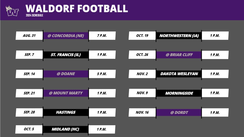 The 2024 <a href="/wu_football/">Waldorf Football</a> schedule is out! It features 10 <a href="/GPACSports/">Great Plains Athletic Conference</a> games and 6 home games with Homecoming on October 5.