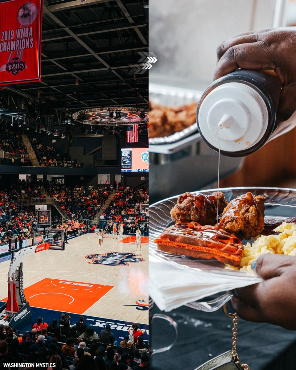 The Washington Mystics are selling 'Brunch & Basketball' tickets to several upcoming games, which include: • Bottomless mimosas • A 100-level seat ticket • Chicken & waffles, fruit, pastries, coffee, etc. They're listed for $105 each.