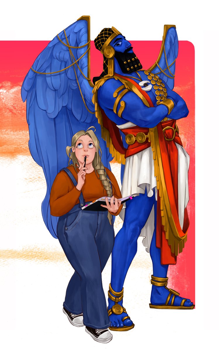 This is my last commision - comic book characters! The blue guy is a supernatural being, like a muse that inspires people to do awesome things. Now, he's helping this girl :>