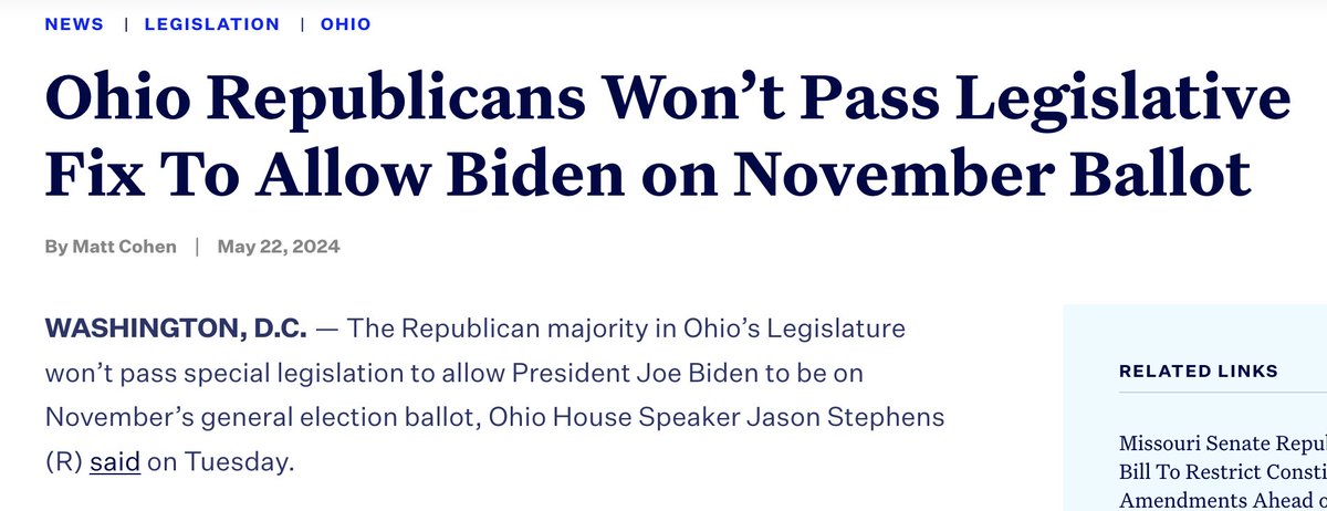 Well, isn't that a shame? Not allowing a major candidate on the ballot? Who ever heard of such? It's not Ohio's problem that the DNC flaunted known laws and decided to schedule its convention after the deadline. Sucks to suck.