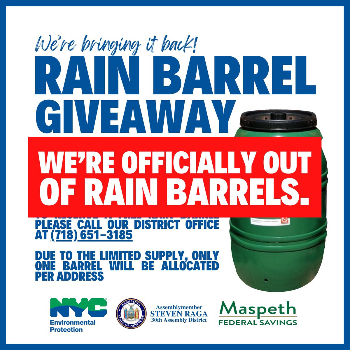 EVENT UPDATE: We're officially OUT of rain barrels for our event on Saturday, June 15th. However, if you're still interested, please call our office to be added to our waitlist for future events and opportunities. Thank you for understanding!
