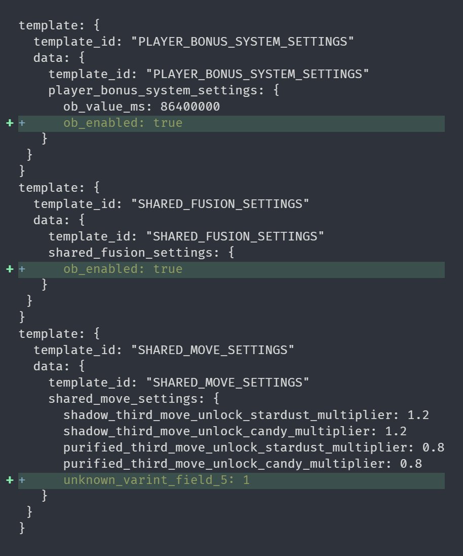 New settings were updated/added in the GameMaster:

- The 'Player Bonus System Settings' configuration received an obfuscated boolean marked as 'true.'

- A new configuration 'Shared Fusion Settings' received an obfuscated boolean marked as 'true.'

- The 'Shared Move Settings'