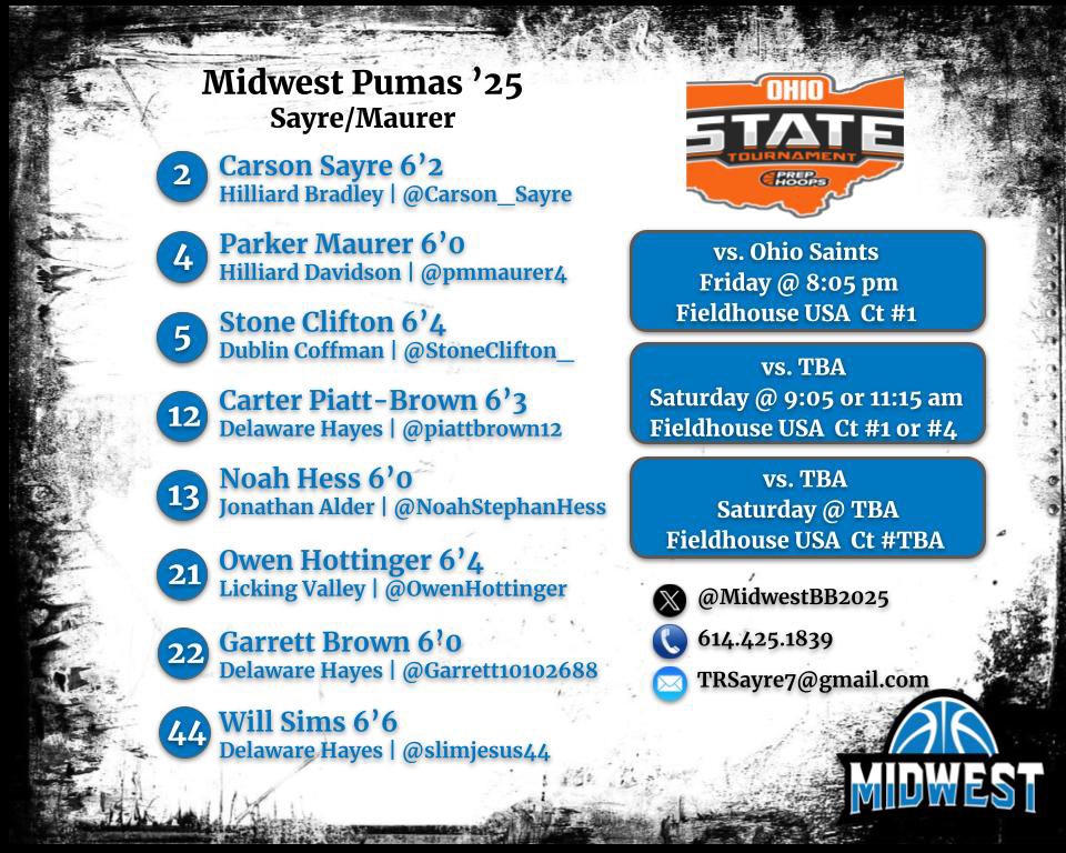 MidwestBB2025's tweet image. 👀our roster &amp;amp; schedule for this weekend’s @PrepHoops Ohio State Championship 🏀 tourney in Columbus, OH📍@MidwestDirector @270Hoops @mbcgrassroots @BleacherProspec @RL_Hoops @KevinMoses38