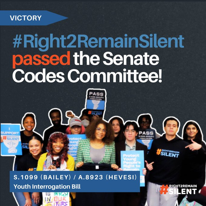 AngelG_WCA's tweet photo. 🚨VICTORY: the Youth Interrogation bill passed through Codes committee in the NYS Senate!   

The #Right2RemainSilent coalition thanks our sponsor &amp; Chair of Codes, @jamaaltbailey, for prioritizing this bill and championing this legislation since its inception. https://t.co/msmpXYbTLX