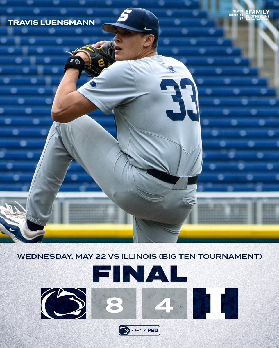 Nittany Lions Win!!! Penn State knocks off top-seed Illinois! @TravisLuensmann W, 5IP, 1R, 7K Cecere HR, 3 RBI Jaconski 2H, 2B, 3R Marr 3H, 2 RBI, R Marsh 2H, 2B, 2 RBI Steele 1IP, 0R #WeAre