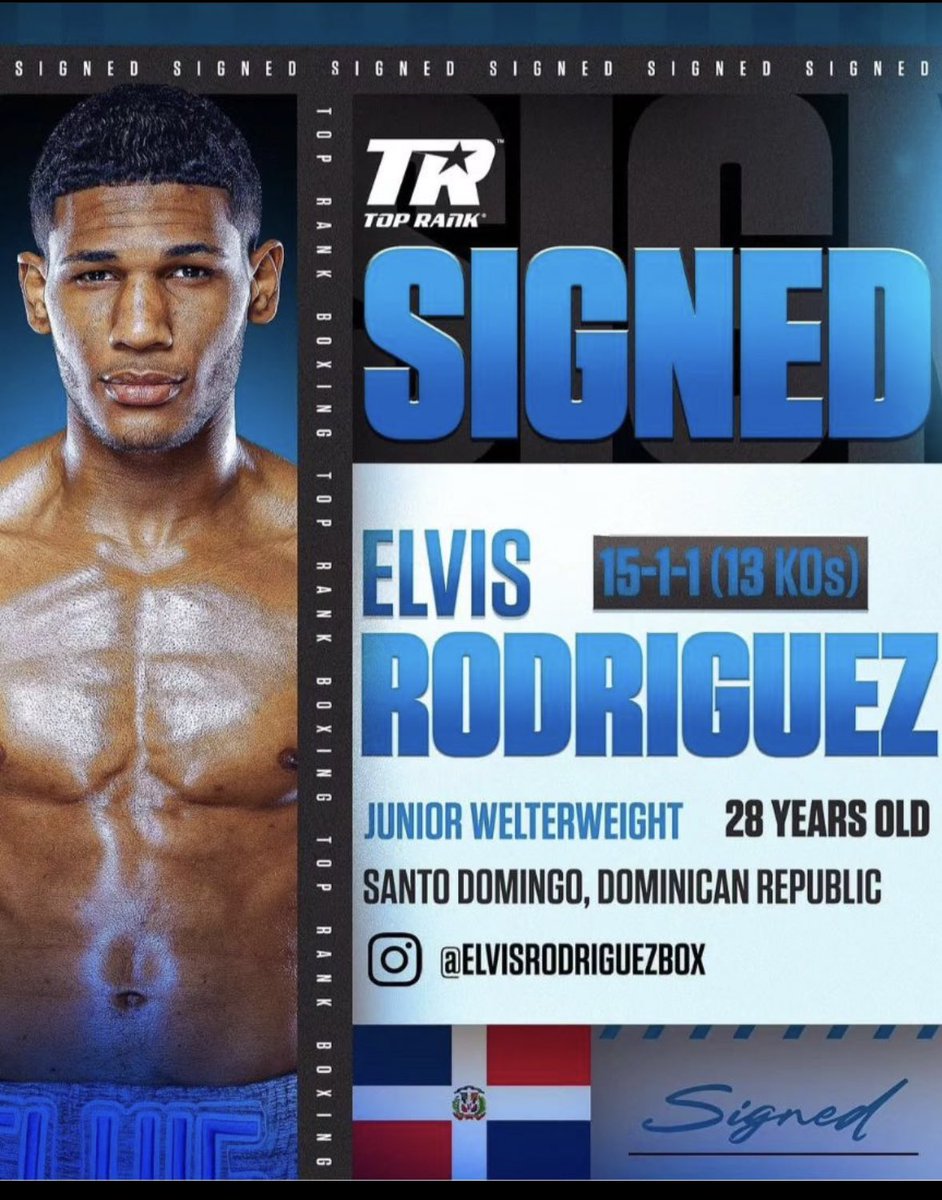 Elvis Rodriguez (@elvisTDK ) has signed a promotional deal with Top Rank 🥊

📷: @toprank 

#boxing #boxeo #elvisrodriguez #dominicanboxing #boxeodominicano #juniorwelterweight #superlightweight #toprank #toprankboxing #espnboxing #teofimolopez #fighthype #boxinghype