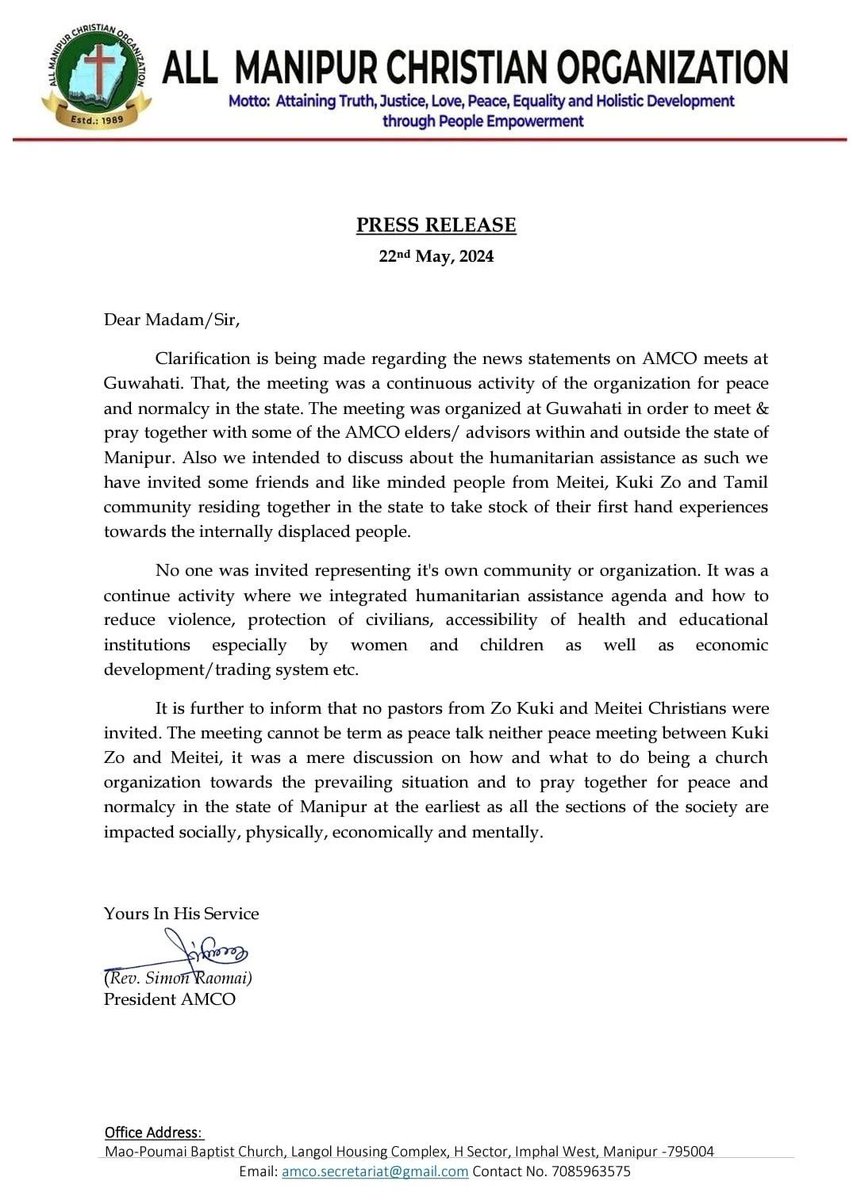 All Manipur Christian Organisation (AMCO) clarifies that their meeting on May 17 at Bosco Reach Out Guest House, Alubari, Guwahati 'cannot be termed as peace talk neither peace meeting between Kuki-Zo and Meitei'. It was a mere discussion on how and what to do being a church