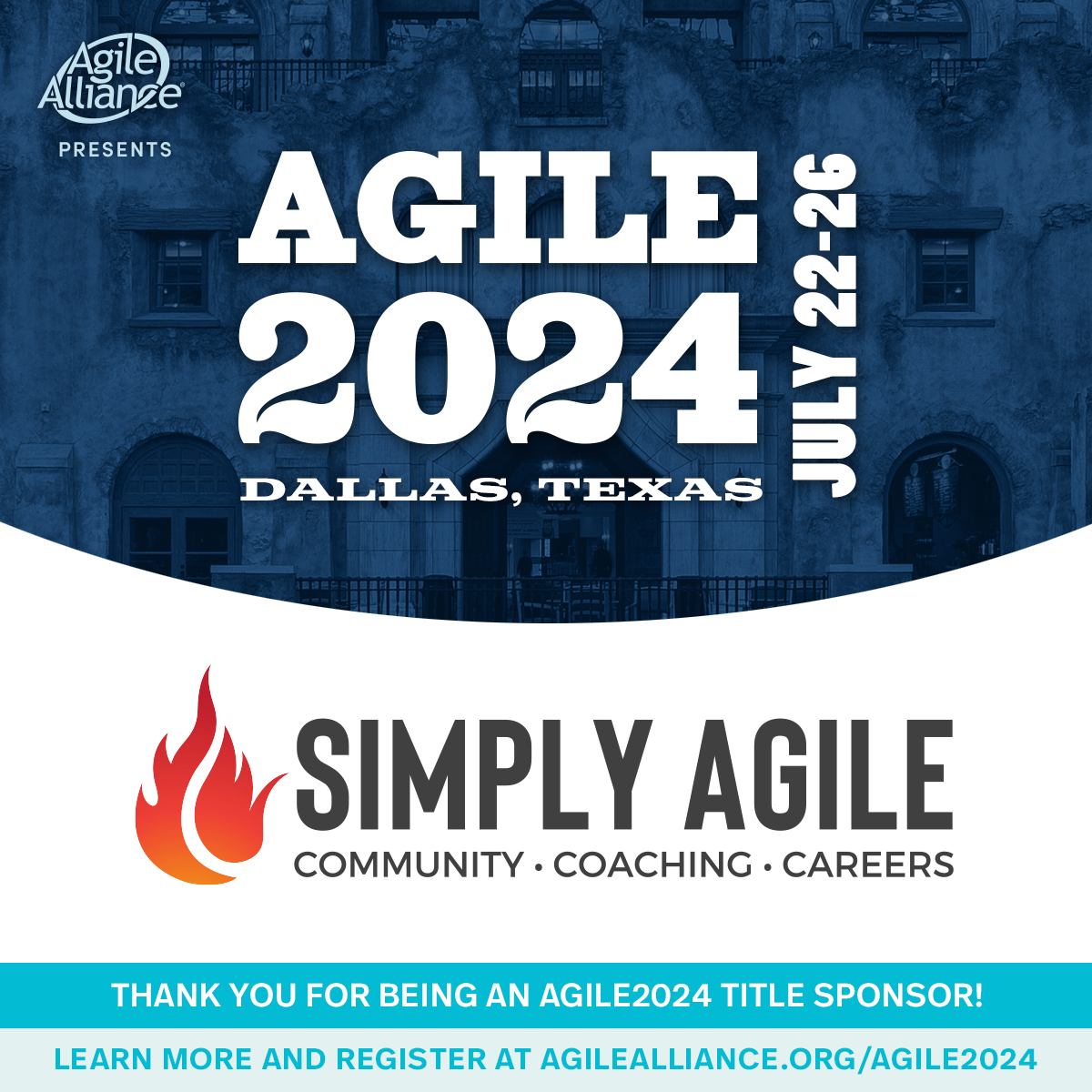 We're excited to announce that <a href="/simplyagileinc/">Simply Agile Jobs</a> is a Title Sponsor for #Agile2024 coming this July to Dallas, TX. Please join us in thanking them for their important and valued support of our non-profit membership organization. Learn more and register now: agilealliance.org/agile2024/
