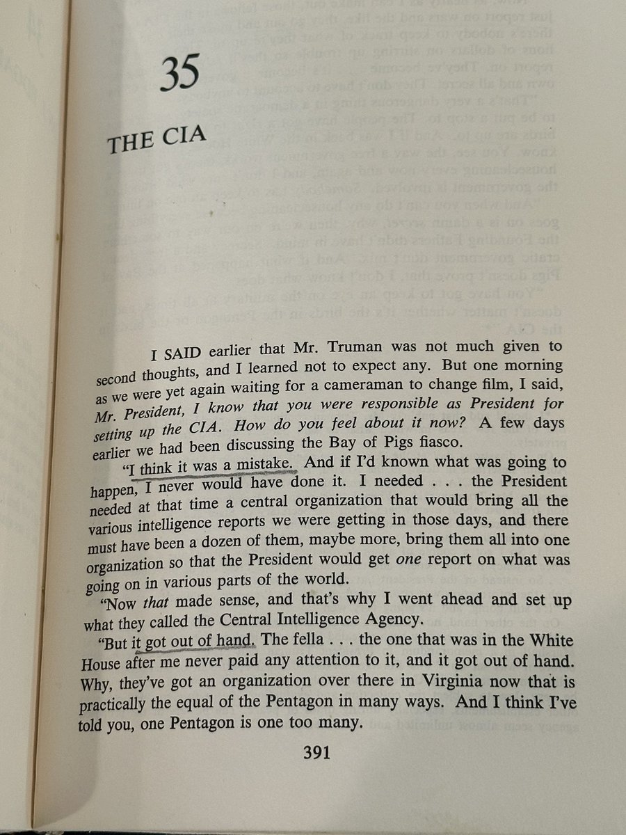 Former-President Harry Truman, who set up @CIA in 1947, reflecting in 1962: “I think it was a mistake…it got out of hand…those fellows in the CIA don’t just report on wars & the like, they go out & make their own…The people have got a right to know what those birds are up to.”