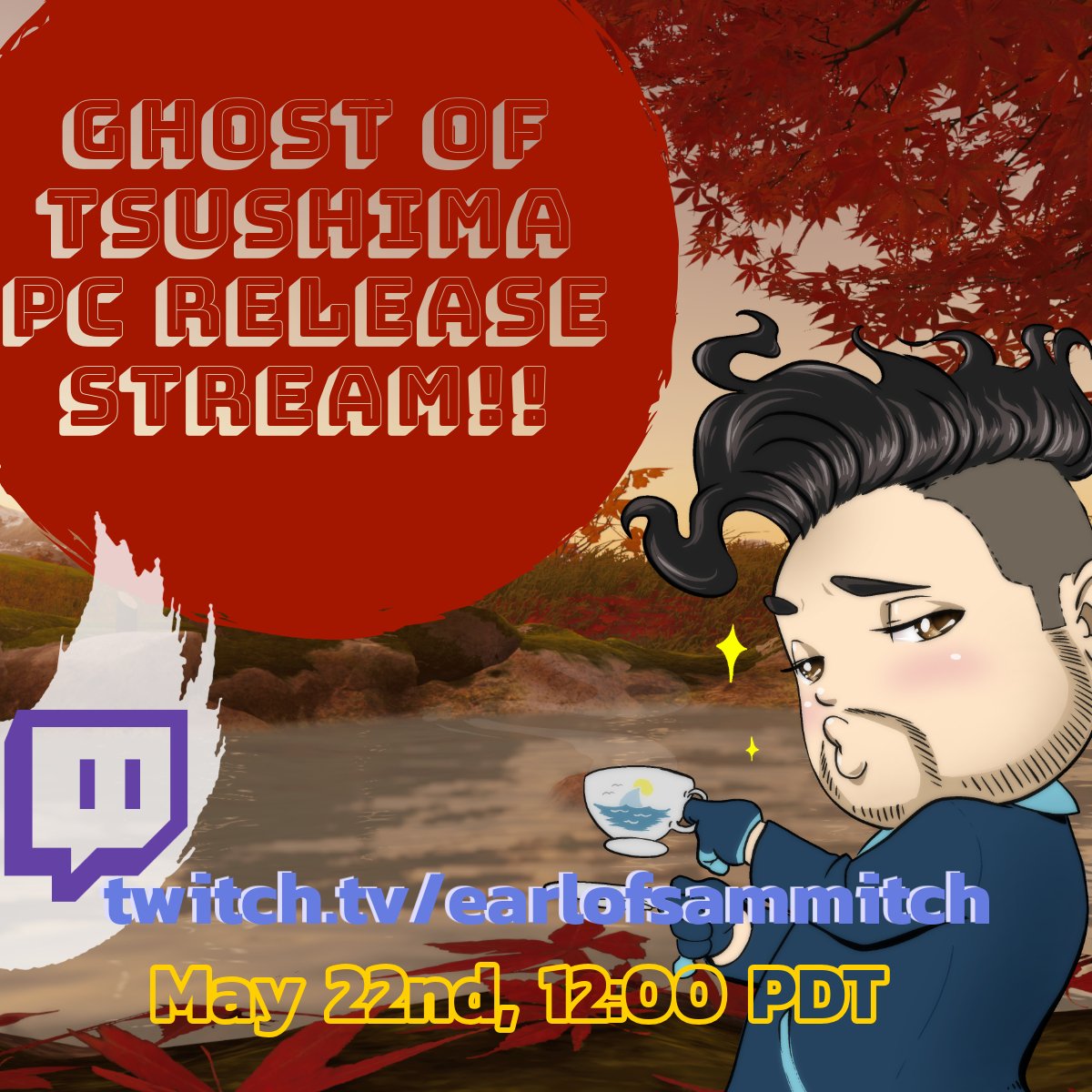 In less than an hour I'll be playing more Ghost of Tsushima: Director's Cut on PC and we'll be giving away a steam code for the game!!!  twitch.tv/earlofsammitch