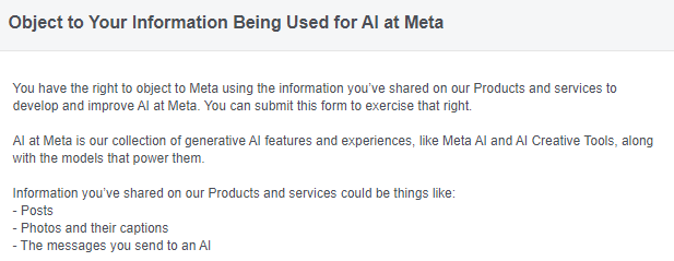 If you can open this form, then you have the option to object to facebook using your personal info to train AI.

Open it and file your objection. You're welcome.

facebook.com/help/contact/6…