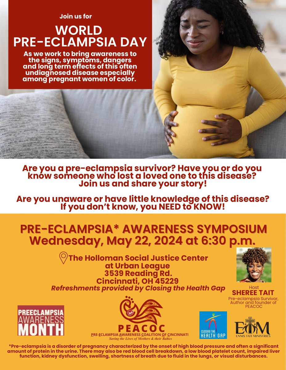 bwhmovement's tweet photo. Are you a pre-eclampsia survivor? Have you or someone you know lost a loved one to this disease? Join us for tonight's Pre-Eclampsia Awareness Symposium at 6:30 p.m. at the Holloman Social Justice Center. The address is 3539 Reading Rd., Cincinnati 45229. @ULGSO https://t.co/GyHbvP2K2I
