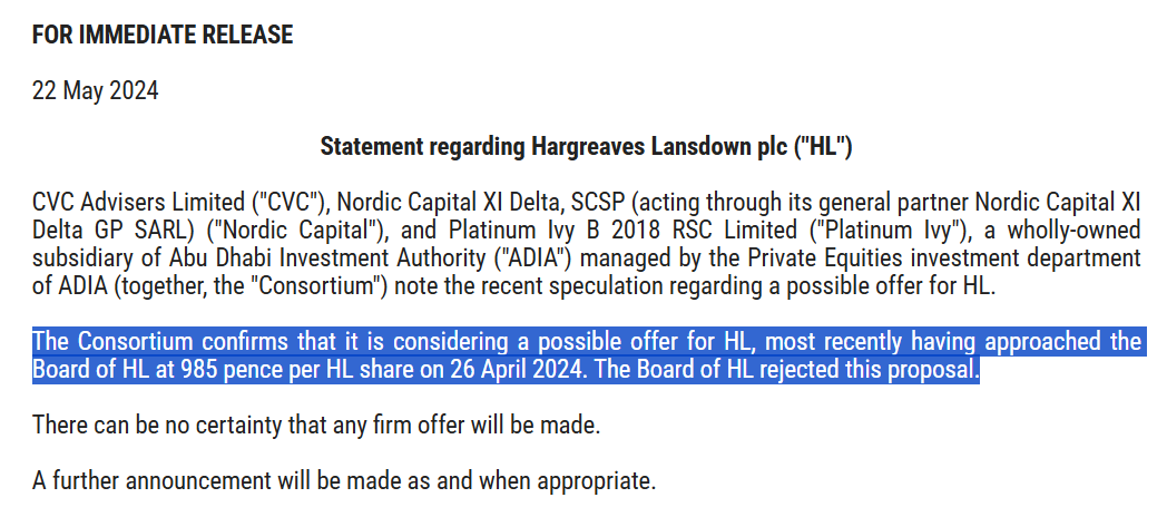 Hargreaves Lansdown #HL. Possible Bid

Been out all day and came back to this rather satisfactory news😊

voxmarkets.co.uk/rns/announceme…