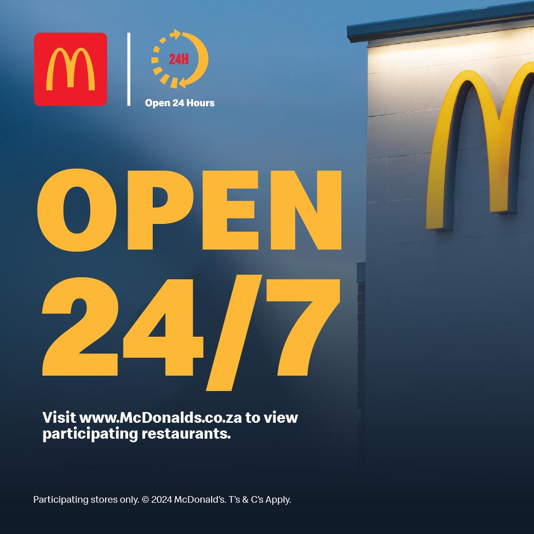 ONE HUNDRED 24-hour Mc Donald’s branches are now open and ready to serve you happiness around the clock! Join Y along with Supta, Hype, Sizwe M and Yvette this Friday at @Mcdonalds_SA Hatfield for the biggest 12 hour bash of the year as we celebrate the golden arches!