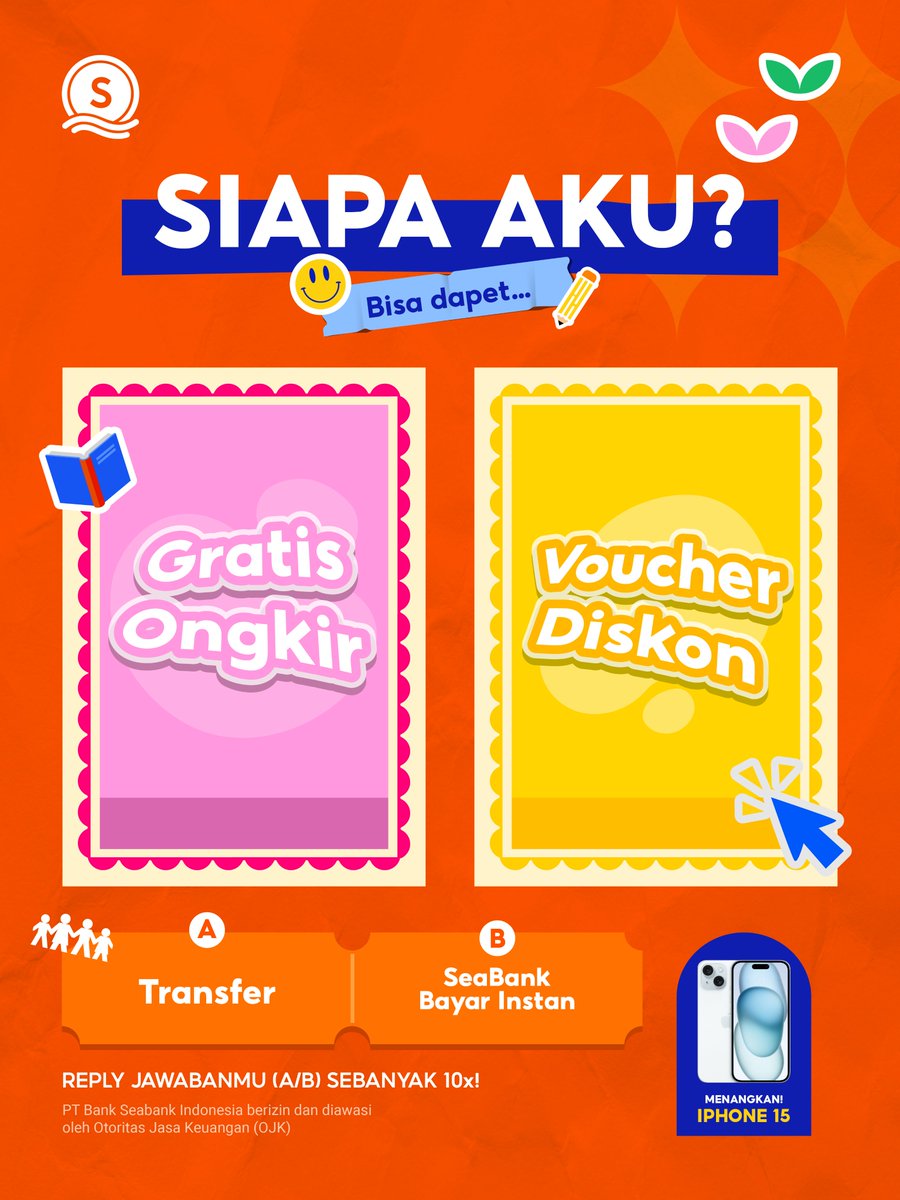 SeaBankID's tweet image. ❤️‍🔥MENANGKAN KESEMPATAN IPHONE 15 SECARA GRATIS!❤️‍🔥

Caranya mudah:
1. FOLLOW Twitter @SEABANKID
2. RT Tweet ini
3. REPLY JAWABANMU (A/B) sebanyak 10x!

Yuk, menangkan 🔥~