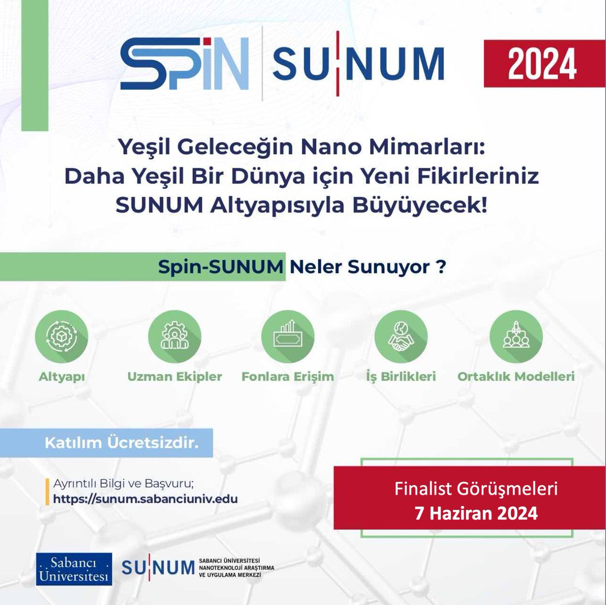 'Sürdürülebilir İleri Malzeme Teknolojileri' Odaklı Start-up Geliştirme Programı olan Spin-SUNUM değerlendirmeleri yapıldı. 5 start-up’ın finale kaldığı Spin- SUNUM Programında 7 Haziran’da finalist görüşmeleri gerçekleştirilecek.