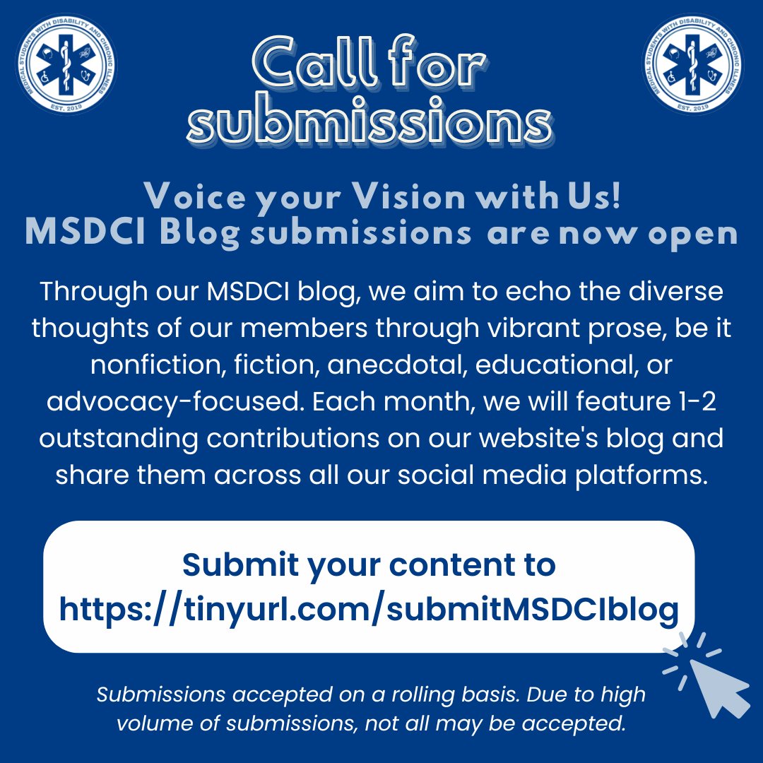 ❣ Voice Your Vision with Us ❣

We're accepting submissions of nonfiction, fiction, anecdotal, educational, & advocacy pieces for the MSDCI Blog and Social Media! 

Interested? Submit & learn more ➡️tinyurl.com/submitMSDCIblog

#DisabilityTwitter #MedTwitter #DocsWithDisabilities