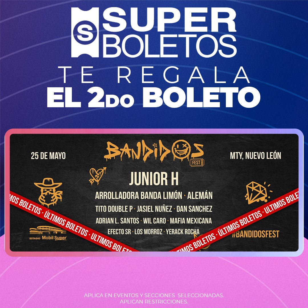 Bandidos Fest te espera este 25 de Mayo en el Estadio Mobil Super 🏟️

#SuperboletosInvita 😉 Adquiere tu boleto y te regalamos el de tu acompañante.

✔️Actívalo en 'PROMOCIONES Y DESCUENTOS' sobre el método de pago.

Adquiere tus boletos en Superboletos superboletos.com/landing-evento…