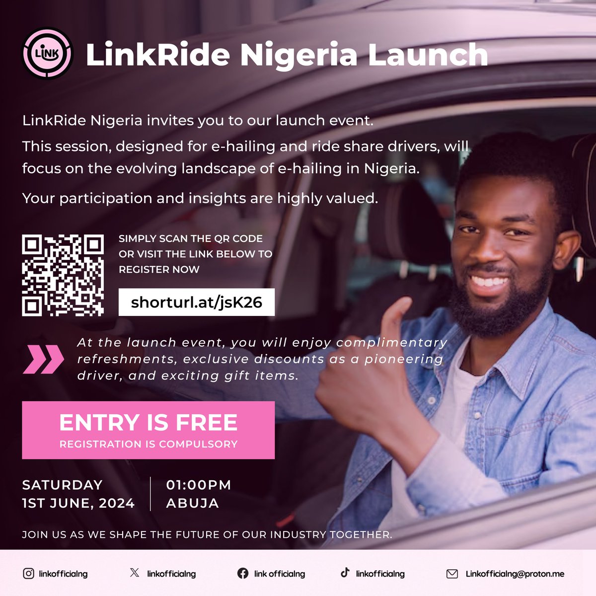 Get ready to ride with LinkRide! Join us at our launch event in Abuja on June 1st! Entry is FREE but registration is a MUST! At the event, #drivers will get exclusive discounts on commission, amazing gift items, refreshments and more surprises! bit.ly/LinkRideLaunch