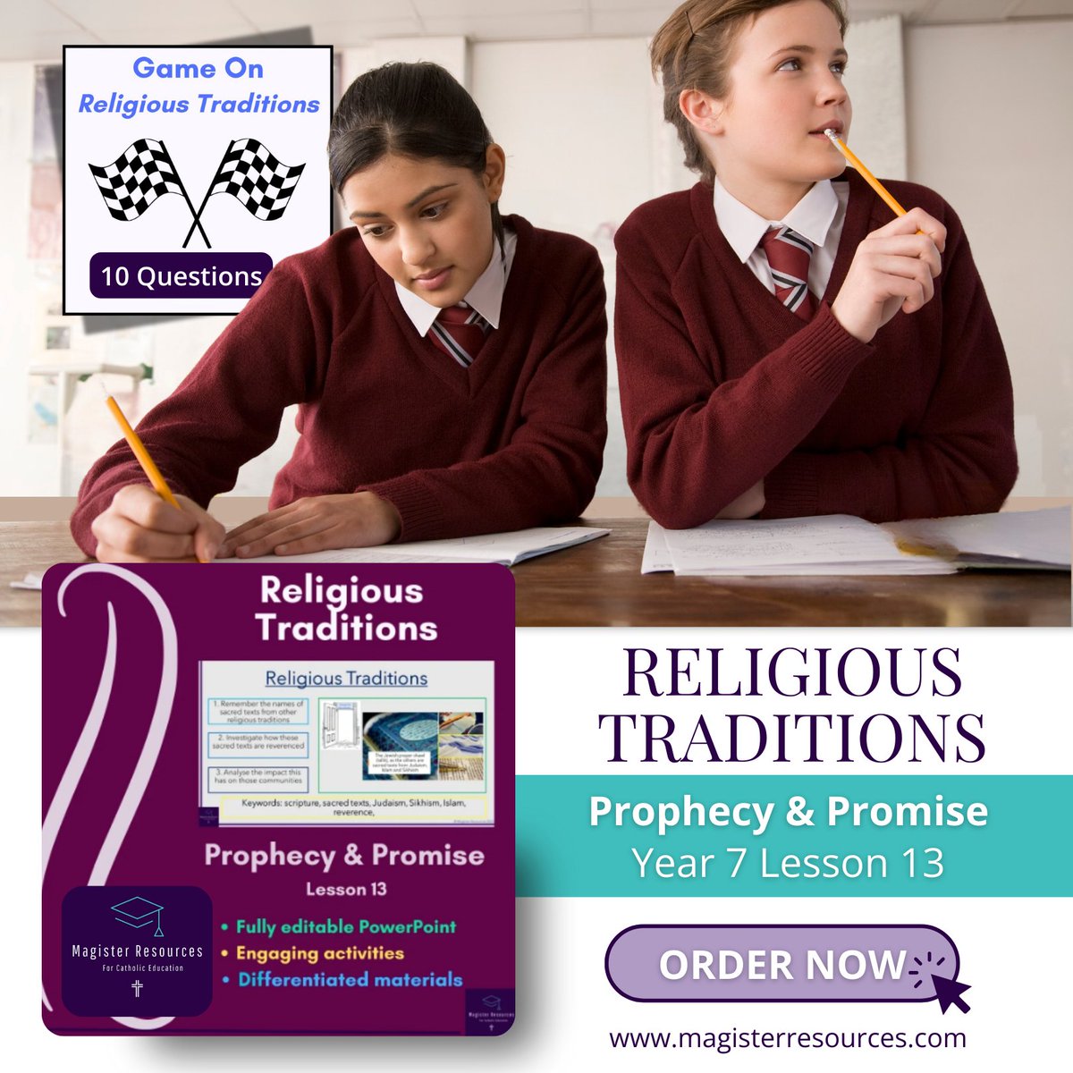 Add spark to teaching with our fun Religious Traditions lesson in Year 7's Prophecy & Promise package. Includes a 'Game On' activity where groups race to answer 10 questions first. 🏁 Order now: magisterresources.com/resources/ols/… #Year7Teachers #ReligiousTraditions