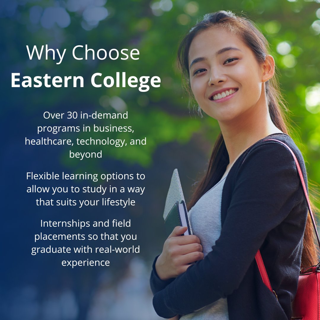 In-demand programs, flexible learning options, and internships are just a few reasons to choose Eastern College.

Learn more about how to start your journey here: bit.ly/4bJ9mZ6

#careertraining #jobtraining #internships #jobplacement #onlinelearning #EasternCollege