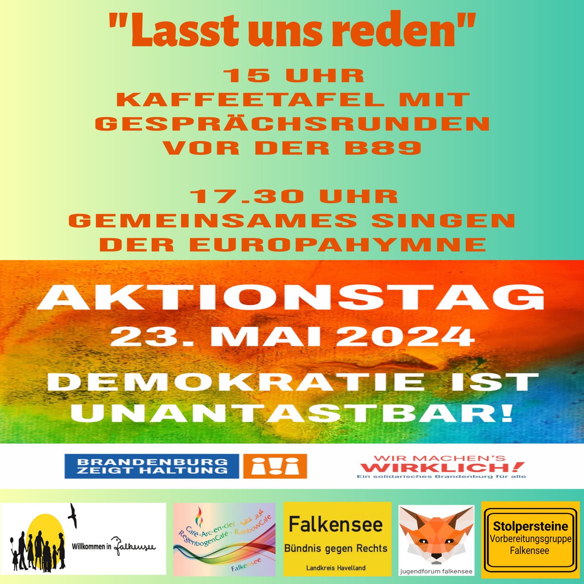 Morgen findet eine Veranstaltung von uns zusammen mit Willkommen in Falkensee, Bündnis gegen Rechts, Jugendforum und der Stolpersteingruppe statt.
Wir schließen uns dem landesweiten Aktionstag 'Demokratie ist unantastbar' an.
B89 15 Uhr.
#Falkensee #BrandenburgZeigtHaltung