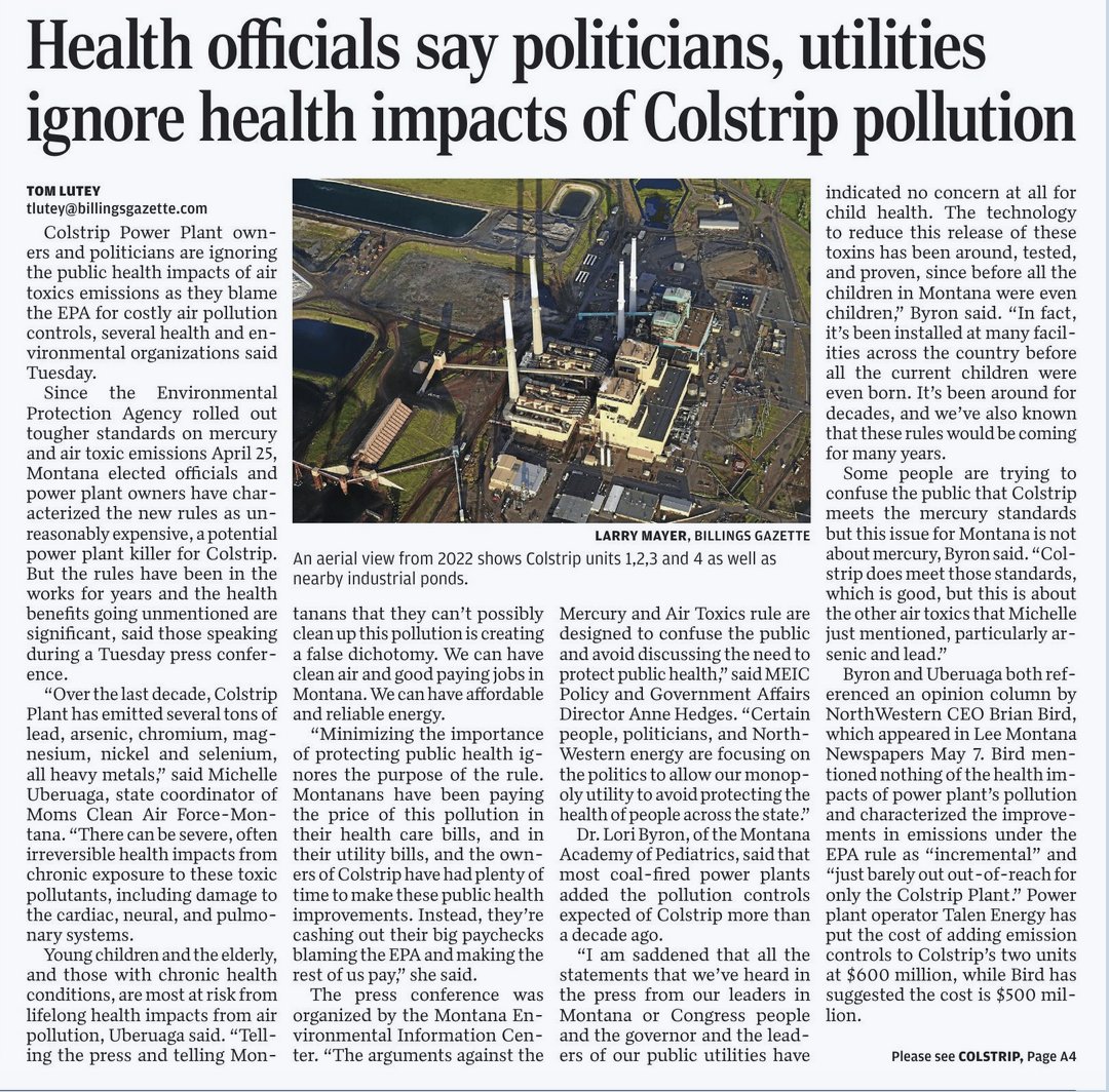 Drs. Robert Merchant and Lori Byron are featured in this front page Billings Gazette story-noting that health has been ignored by Montana coal powered generation, but not by almost all other plants in the country! @MTEIC @CleanAirMoms_MT @EPA @lungassociation #climatehealth2024