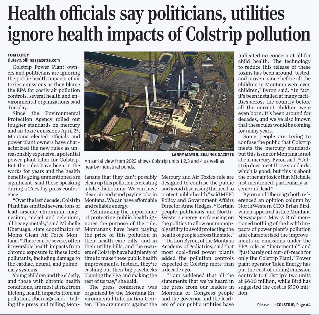 Drs. Robert Merchant and Lori Byron are featured in this front page Billings Gazette story-noting that health has been ignored by Montana coal powered generation, but not by almost all other plants in the country! <a href="/MTEIC/">MEIC</a> <a href="/CleanAirMoms_MT/">Montana Moms</a> <a href="/EPA/">U.S. EPA</a> @lungassociation #climatehealth2024