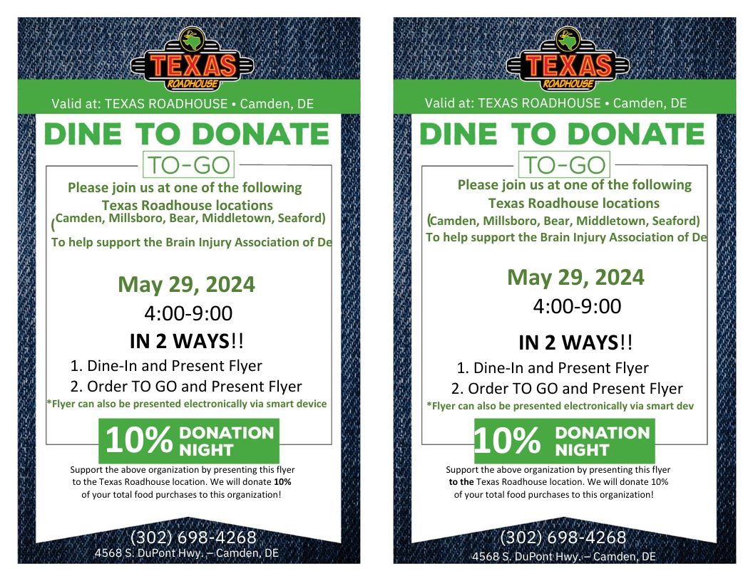 BIADE's tweet image. 📣 Exciting News! Join us for Dine to Donate on May 29th at ALL 5 Texas Roadhouse locations: Millsboro, Bear, Middletown, Camden, and Seaford! 🌟

PLUS, we'll be hosting a 50/50 raffle at each location!

📅 Date: May 29th
📍 Locations: Millsboro, Bear, Middletown, Camden, Seaford