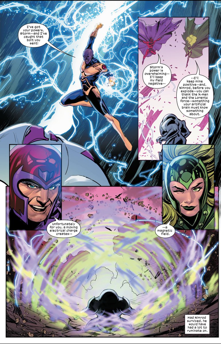 #xspoilers Look, the X-Men defeating Nimrod by overloading his powers is the oldest trick in the book and isn’t narratively consistent… But seeing Cyclops, Storm, Synch, Magneto and Polaris come together to crack him like a walnut was cool as fuck so whatever.