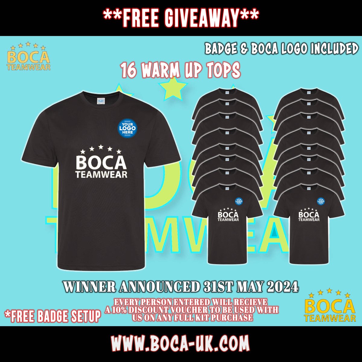 **** FREE GIVEAWAY **** Win 16 warm up t-shirts for your club How To Enter: • Retweet • Follow us • Comment your sports club or business name below to enter Every entry will receive a 10% discount to use against any purchases from Boca Teamwear Winner announced 31/5/24