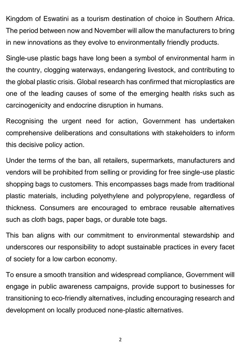 EswatiniGovern1's tweet photo. [Ministerial Statement]: The Ministry of Tourism and Environmental Affairs announces a total ban on all plastic carrier bags in Eswatini, effective 1 December 2024. https://t.co/6hlGgadXiY