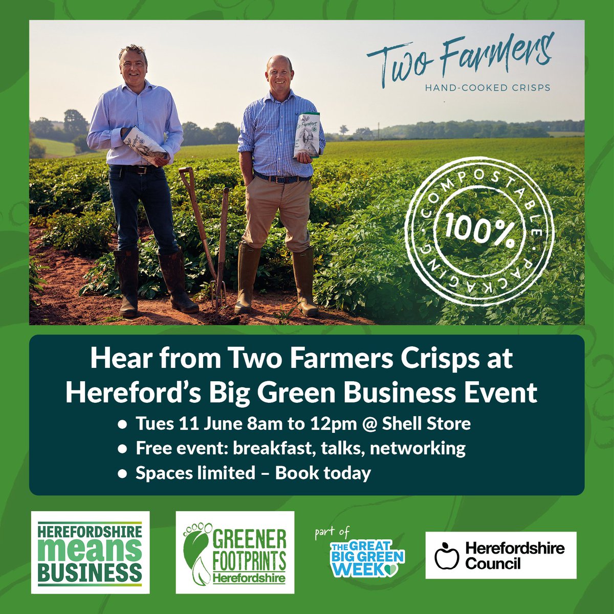 Greener Footprints Herefordshire (@greener_feet) on Twitter photo Greener Footprints Week, a part of #GreatBigGreenWeek, returns next month! We will be co-hosting a free event for businesses. As part of this event, Mark Green and Sean Mason of <a href="/TwoFarmersHfd/">Two Farmers Crisps</a> will be sharing their sustainability story. Greener Footprints Week, a part of #GreatBigGreenWeek, returns next month! We will be co-hosting a free event for businesses. As part of this event, Mark Green and Sean Mason of <a href="/TwoFarmersHfd/">Two Farmers Crisps</a> will be sharing their sustainability story.